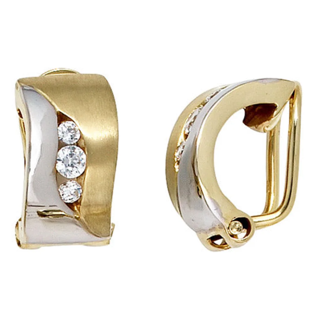 Ohrclips 333 Gold Gelbgold bicolor mattiert 6 Zirkonia Ohrringe Clips