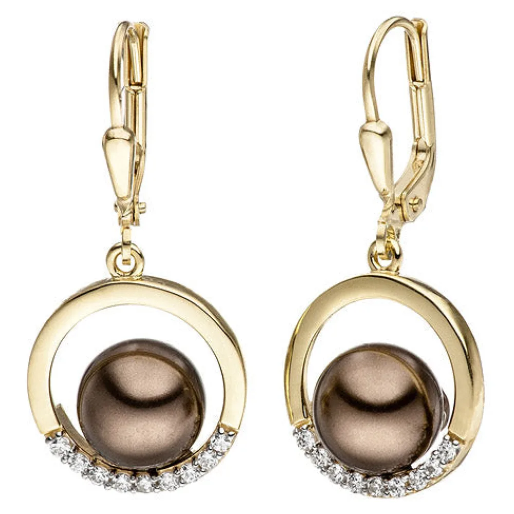 Ohrhänger 333 Gold Gelbgold bicolor mit dunklen Perlen und Zirkonia Ohrringe