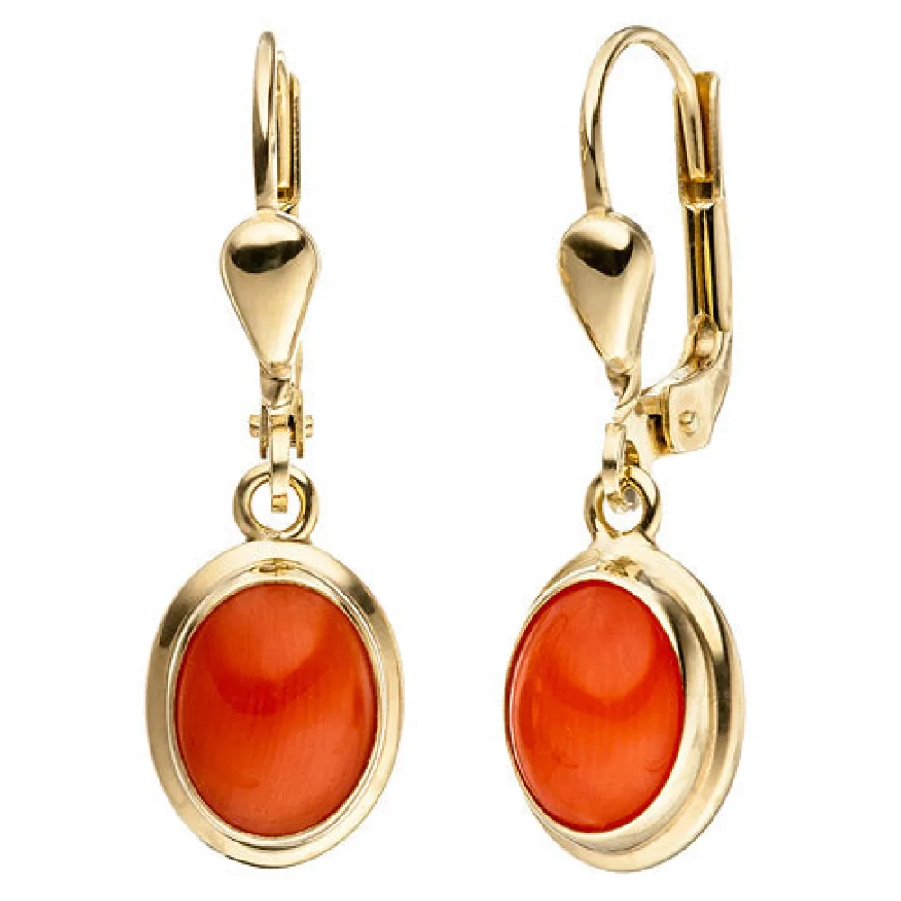 Ohrhänger oval 333 Gold Gelbgold 2 Korallen orange Ohrringe Goldohrringe