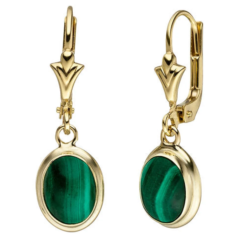 Ohrhänger oval 585 Gold Gelbgold 2 Malachite grün Ohrringe Goldohrringe