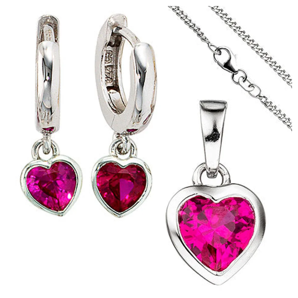 Kinder Mädchen Schmuck-Set Herz pink rosa 925 Silber Zirkonia mit Kette 42 cm
