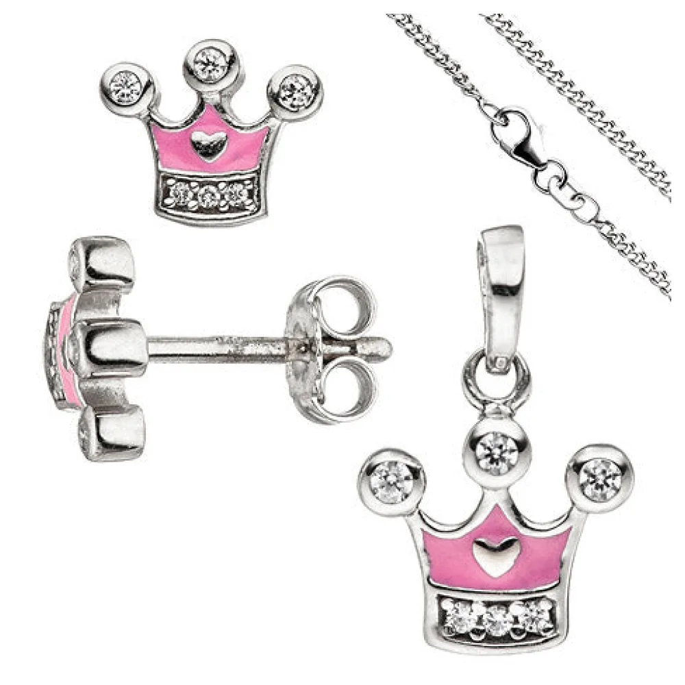 Kinder Mädchen Schmuck-Set Krone pink rosa 925 Silber Zirkonia mit Kette 42 cm