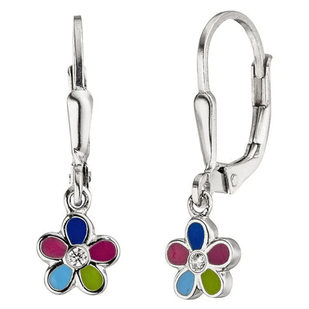 Kinder Ohrhänger Blume 925 Sterling Silber 2 Zirkonia Ohrringe Kinderohrringe