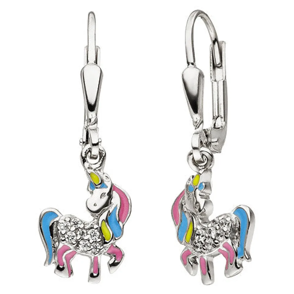 Kinder Ohrhänger Einhorn 925 Silber 14 Zirkonia Ohrringe Kinderohrringe