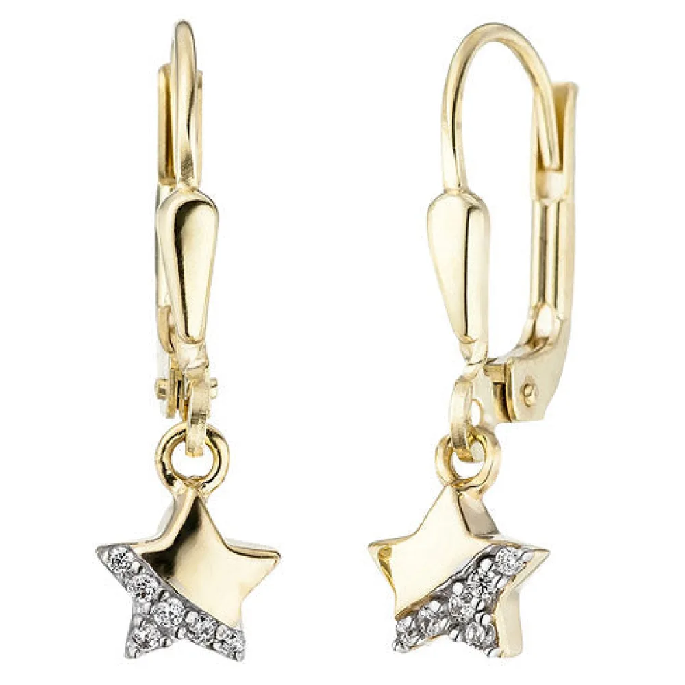 Kinder Ohrhänger Stern 375 Gold Gelbgold 12 Zirkonia Ohrringe Kinderohrringe
