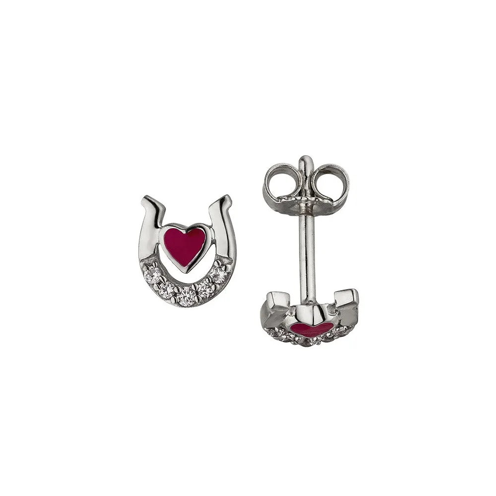Kinder Ohrstecker Hufeisen Herz pink 925 Silber 10 Zirkonia Kinderohrringe