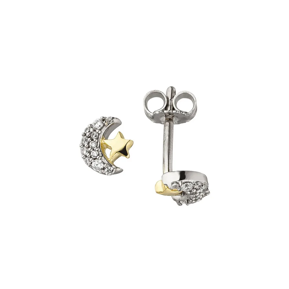 Kinder Ohrstecker Mond Stern 925 Sterling Silber bicolor vergoldet 22 Zirkonia