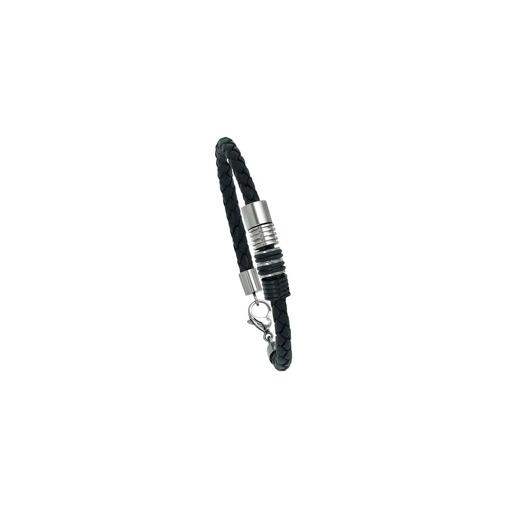 Armband Leder schwarz mit Edelstahl und Kautschuk 21 cm Lederarmband