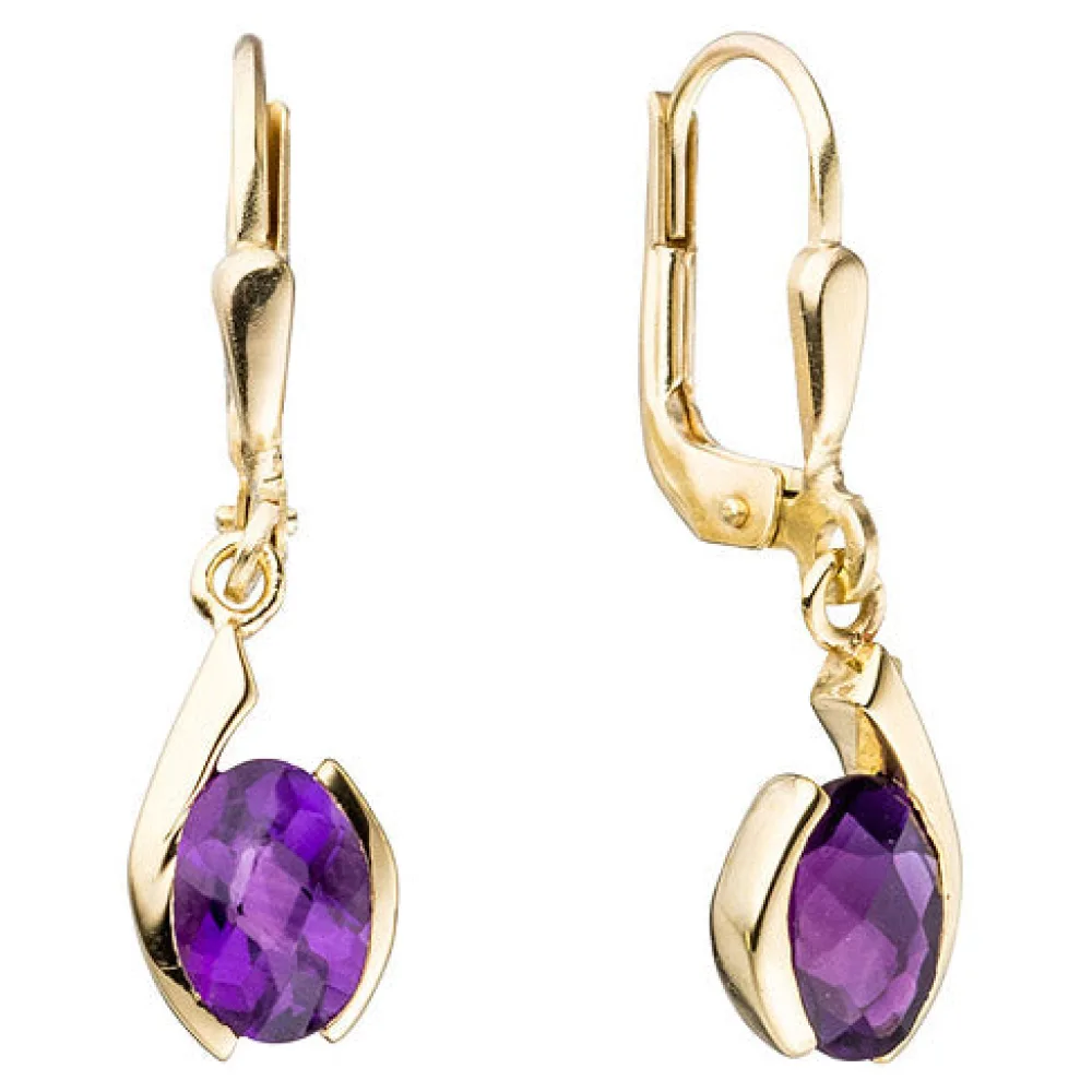 Boutons 333 Gold Gelbgold 2 Amethyste lila violett Ohrringe Ohrhänger
