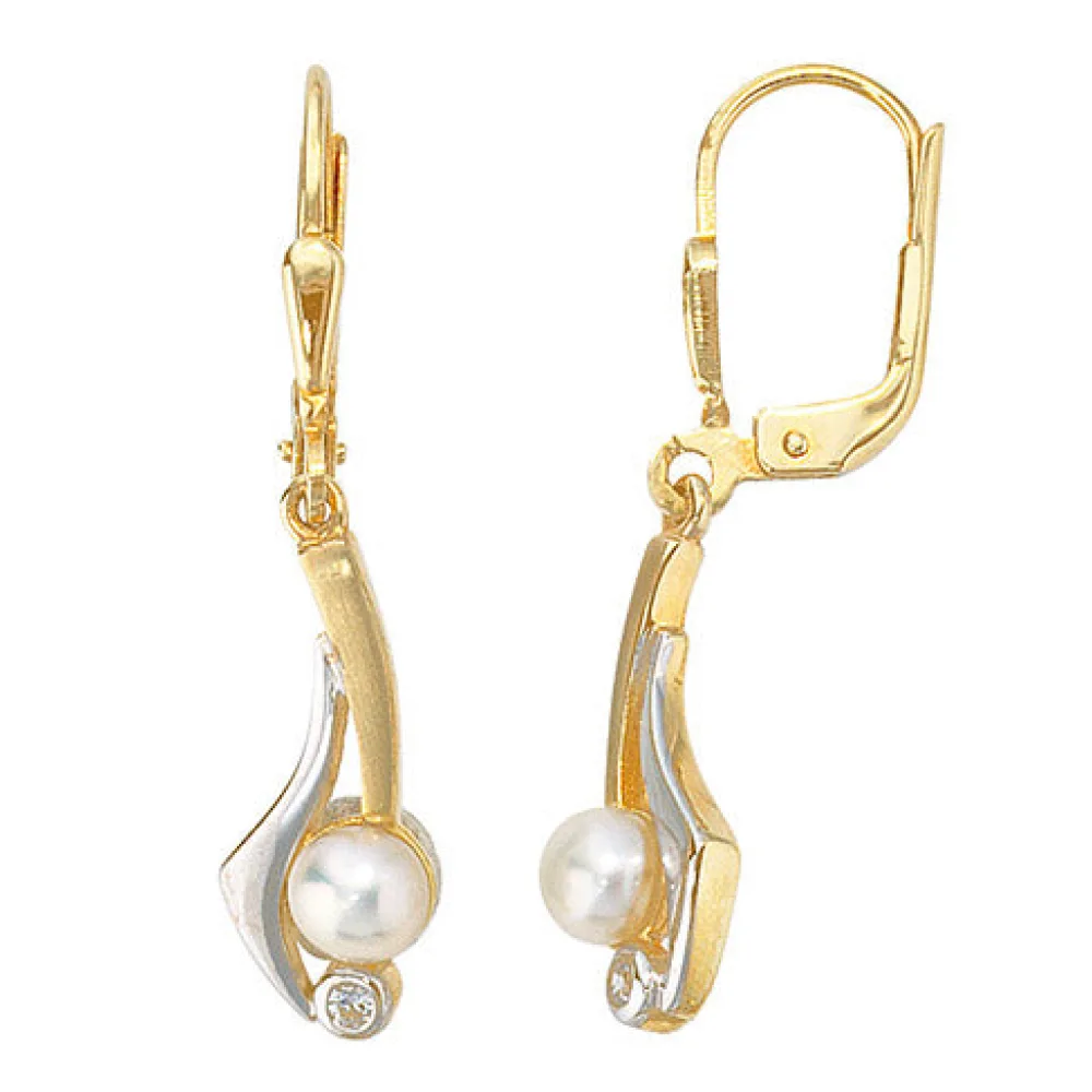 Boutons 333 Gold Gelbgold 2 Süßwasser Perlen 2 Zirkonia Ohrringe Ohrhänger