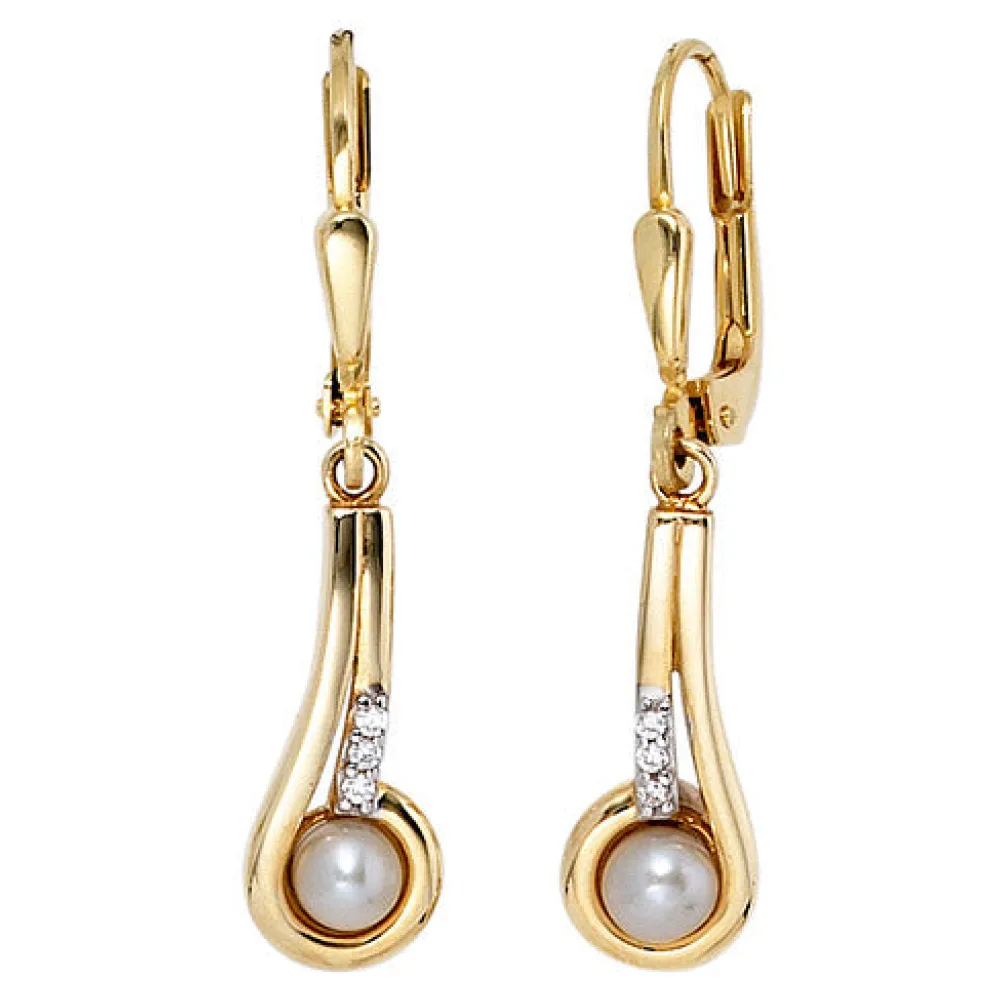 Boutons 333 Gold Gelbgold 2 Süßwasser Perlen 6 Zirkonia Ohrringe Ohrhänger