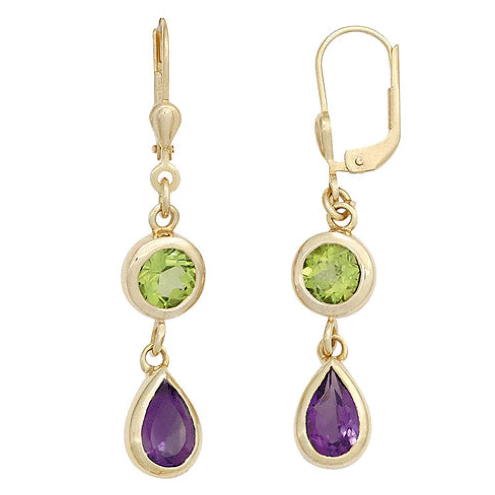 Boutons 585 Gold Gelbgold 2 Amethyste lila 2 Peridote grün Ohrringe Ohrhänger