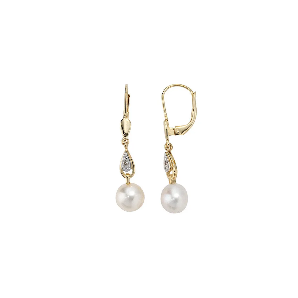 Boutons 585 Gold Gelbgold 2 Diamanten 2 Süßwasser Perlen Ohrringe Ohrhänger