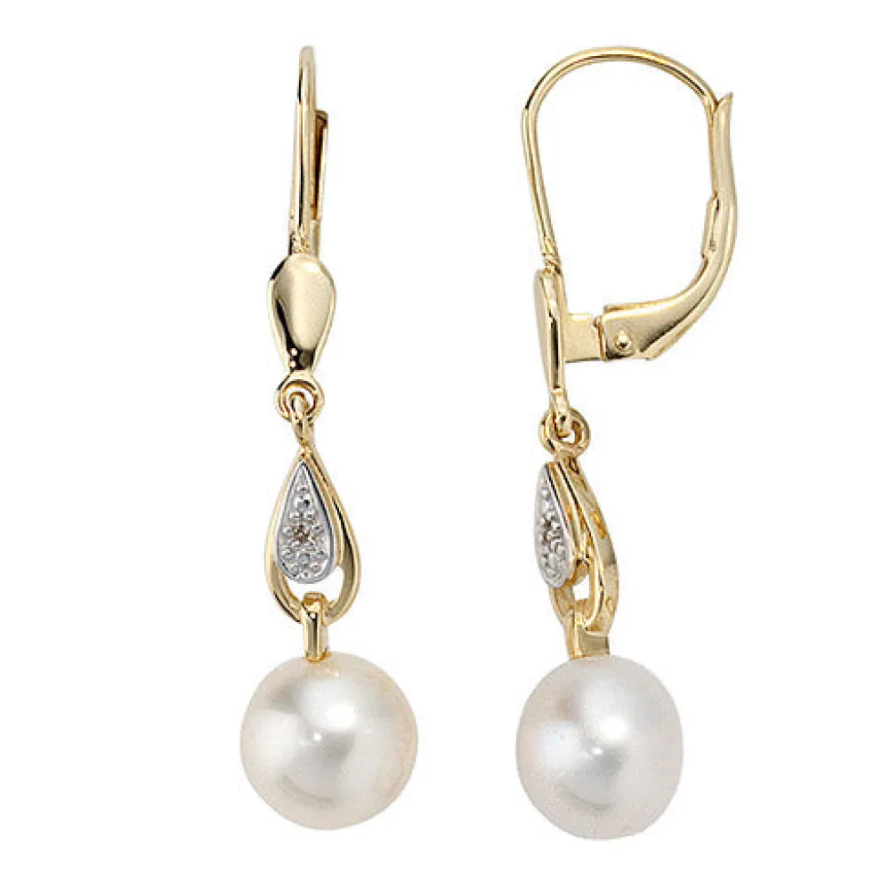 Boutons 585 Gold Gelbgold 2 Diamanten 2 Süßwasser Perlen Ohrringe Ohrhänger
