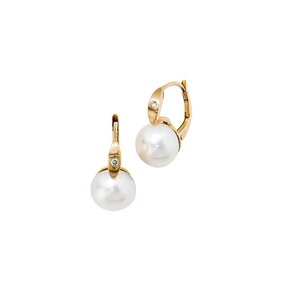Boutons 585 Gold Gelbgold 2 Diamanten 2 Süßwasser Perlen Ohrringe Ohrhänger