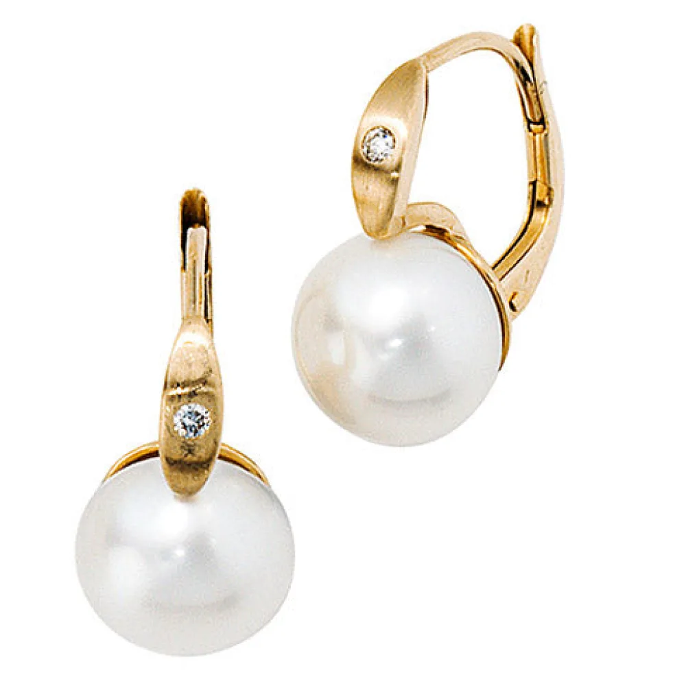 Boutons 585 Gold Gelbgold 2 Diamanten 2 Süßwasser Perlen Ohrringe Ohrhänger