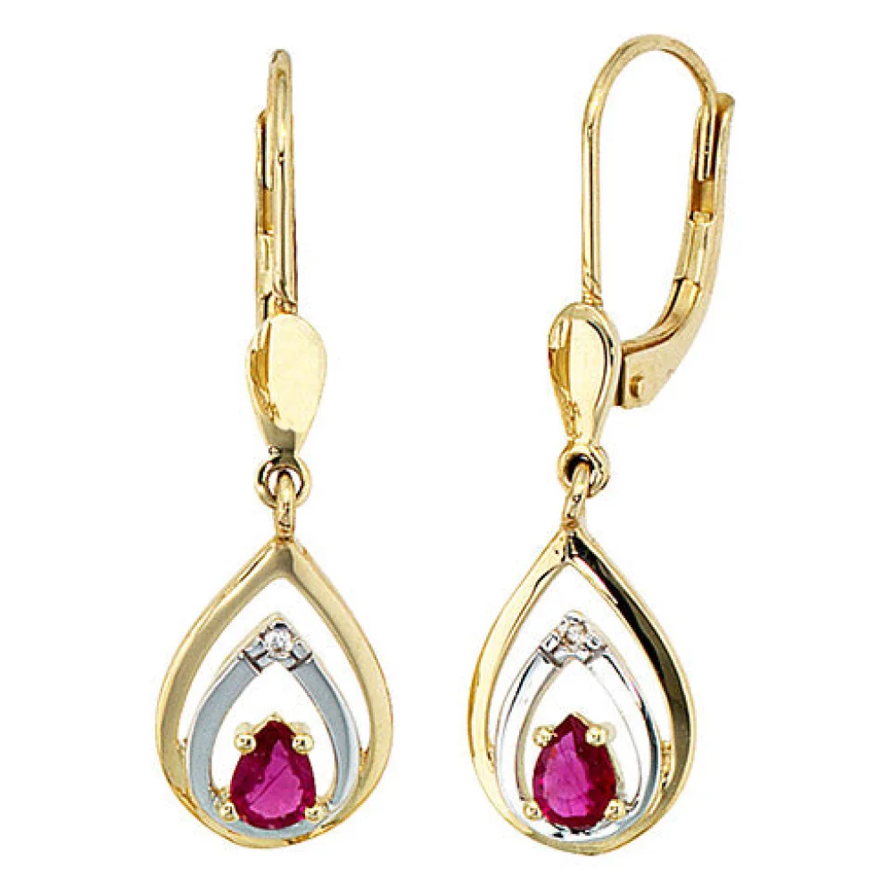 Boutons 585 Gold Gelbgold 2 Diamanten Brillanten 2 Rubine rot Ohrringe Ohrhänger
