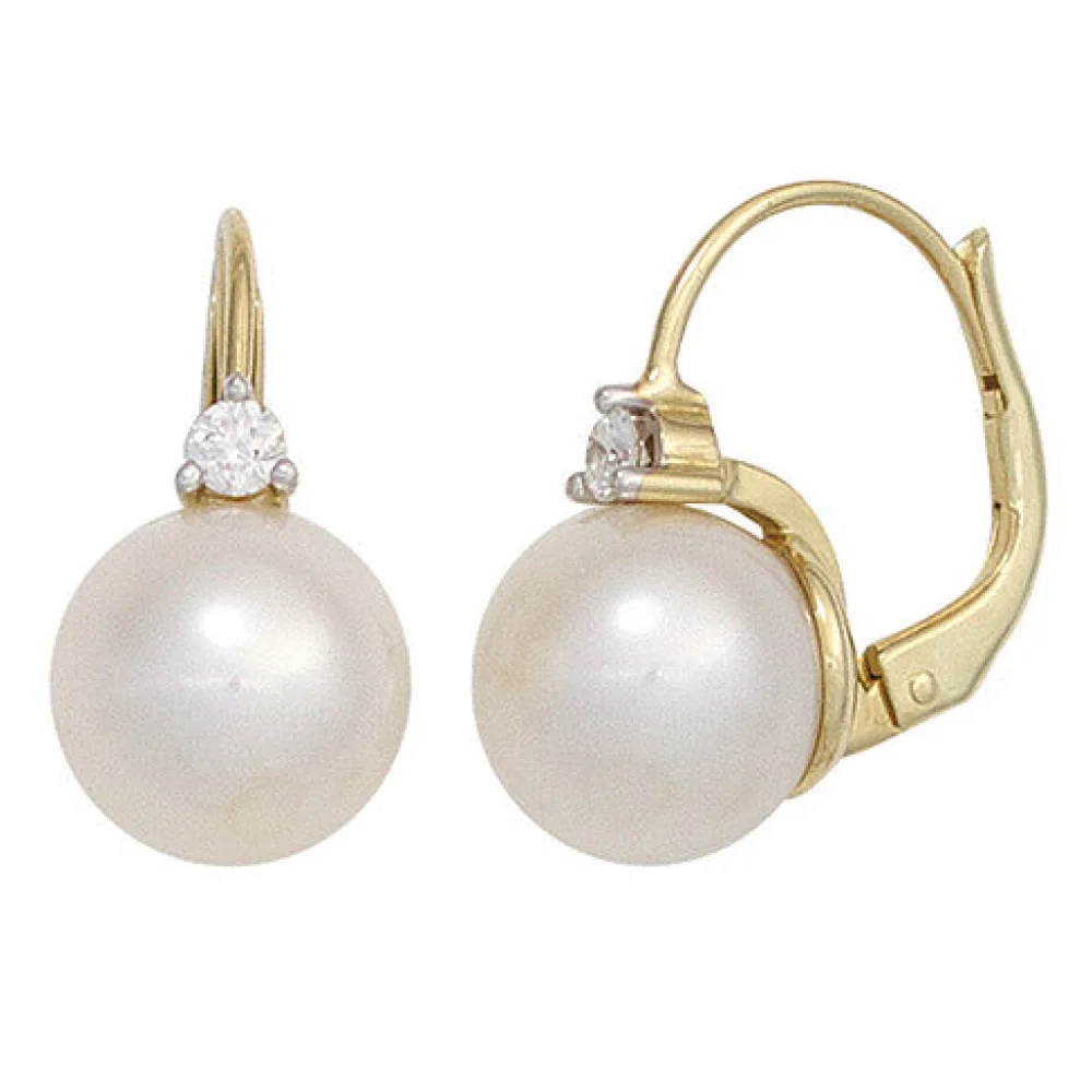 Boutons 585 Gold Gelbgold 2 Süßwasser Perlen 2 Diamanten Ohrringe Ohrhänger