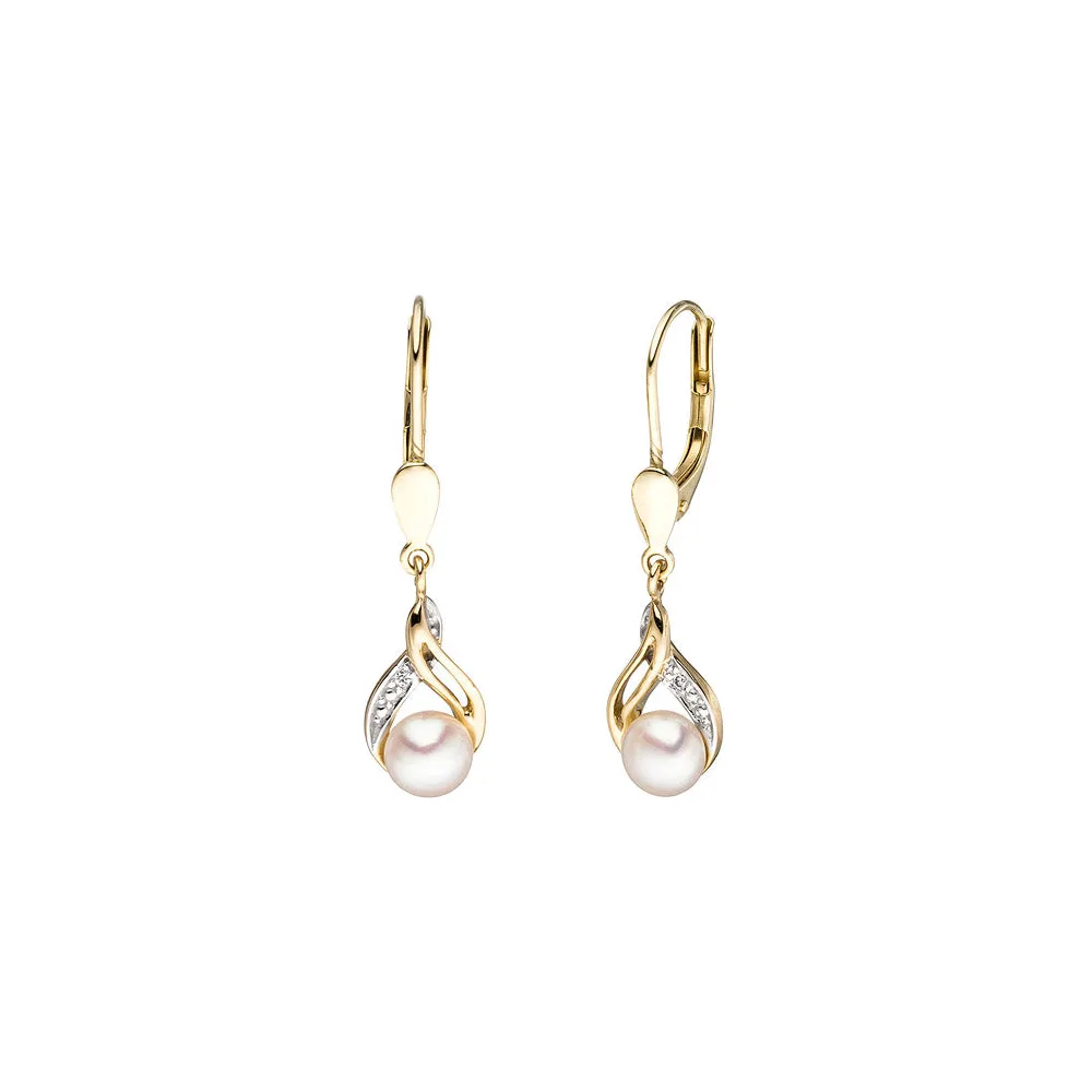 Boutons 585 Gold Gelbgold 2 Süßwasser Perlen 2 Diamanten Ohrringe Ohrhänger
