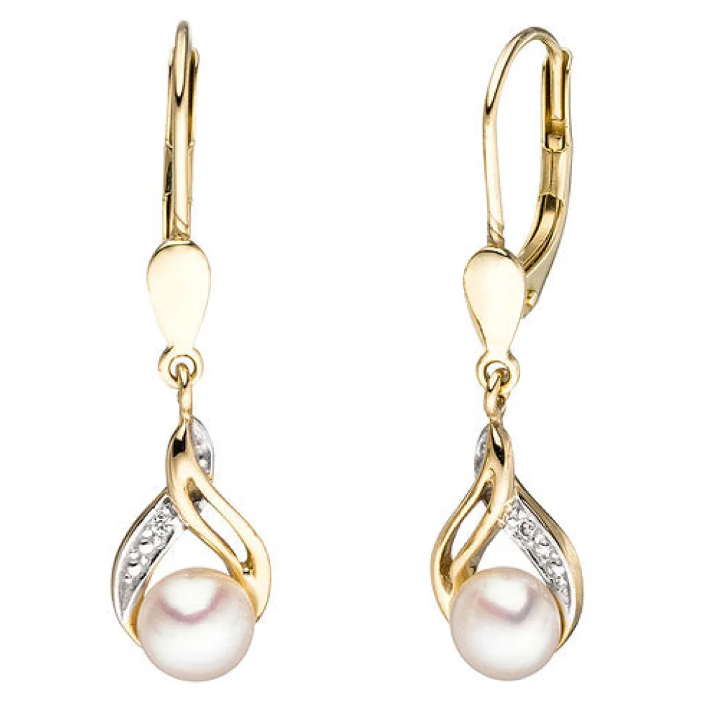 Boutons 585 Gold Gelbgold 2 Süßwasser Perlen 2 Diamanten Ohrringe Ohrhänger
