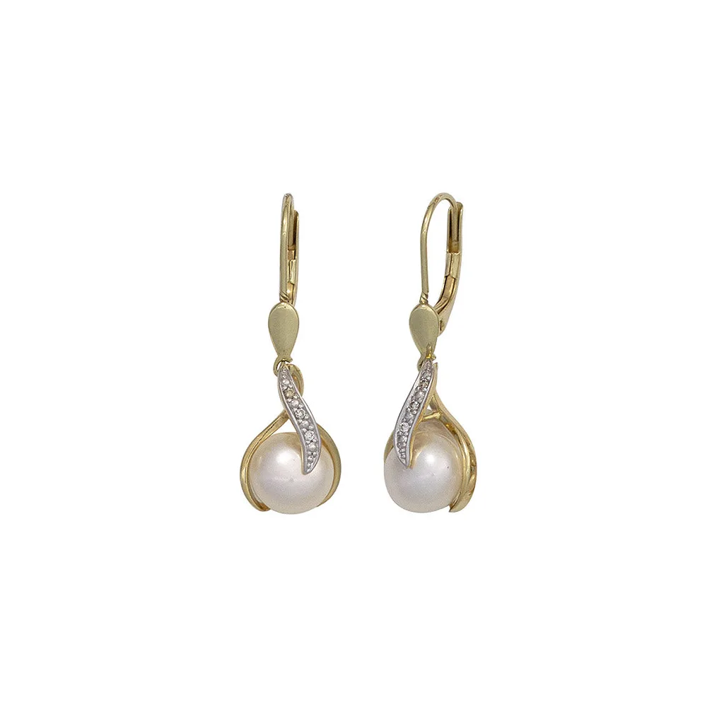 Boutons 585 Gold Gelbgold 2 Süßwasser Perlen 6 Diamanten Ohrringe Ohrhänger