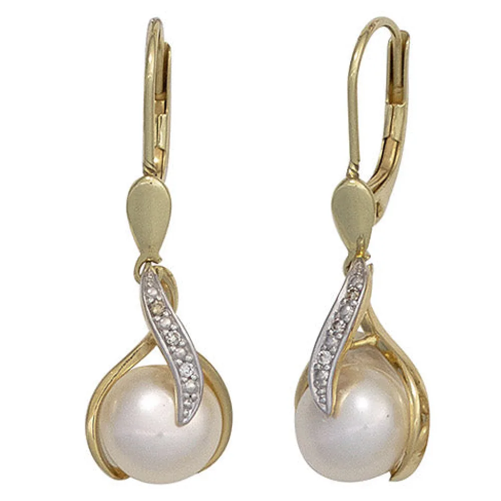 Boutons 585 Gold Gelbgold 2 Süßwasser Perlen 6 Diamanten Ohrringe Ohrhänger