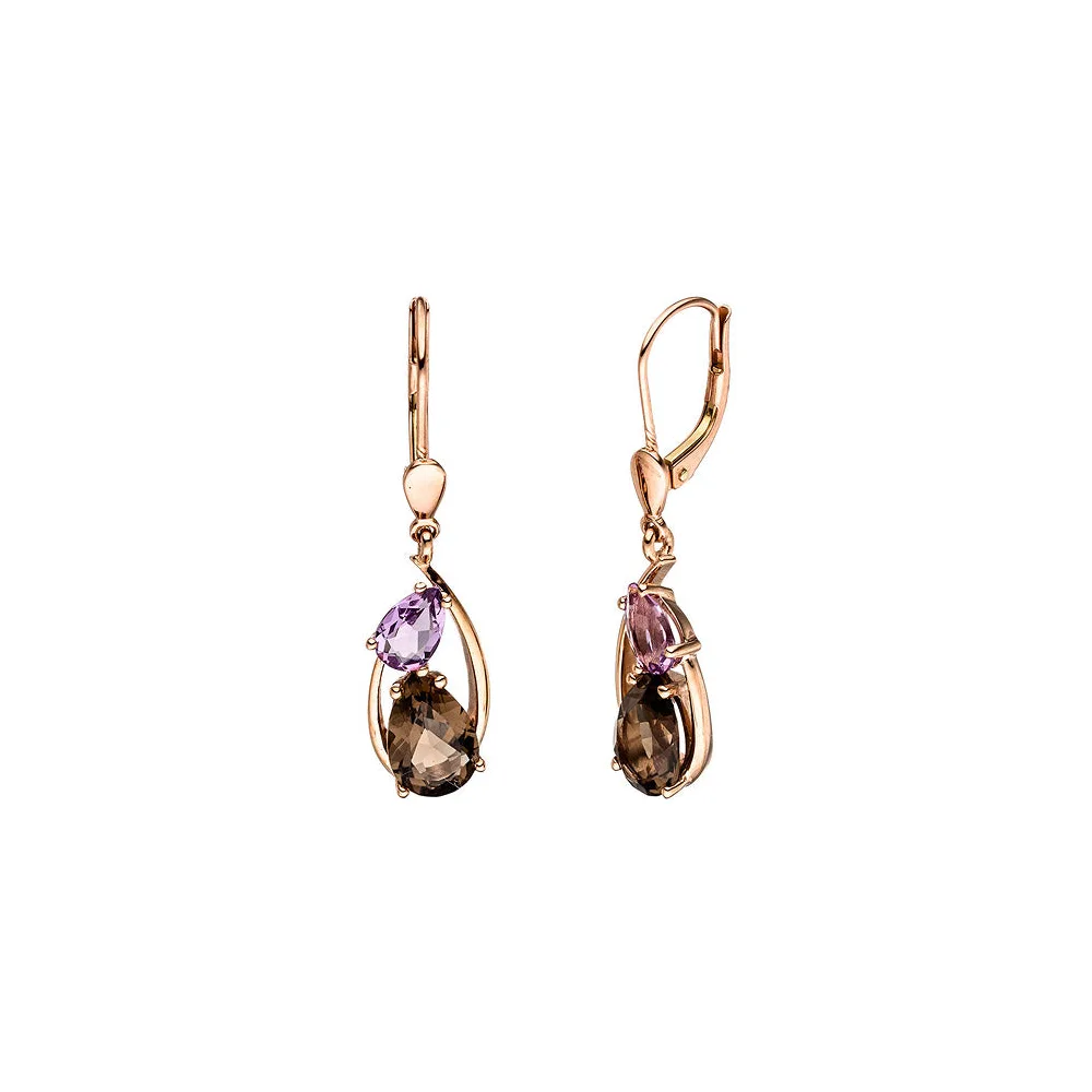 Boutons 585 Gold Rotgold 2 Rauchquarze 2 Amethyste Ohrringe Ohrhänger