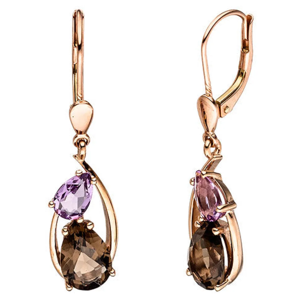 Boutons 585 Gold Rotgold 2 Rauchquarze 2 Amethyste Ohrringe Ohrhänger