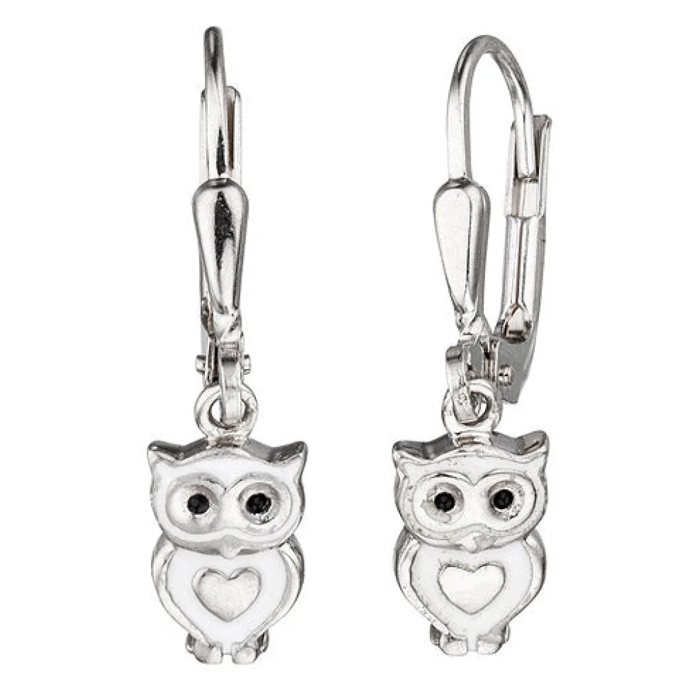 Boutons Eule 925 Sterling Silber rhodiniert mit weiß schwarzer Lackeinlage