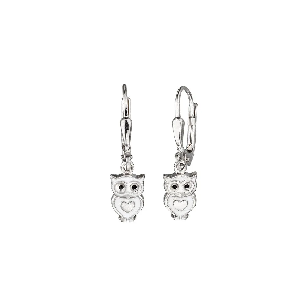 Boutons Eule 925 Sterling Silber rhodiniert mit weiß schwarzer Lackeinlage