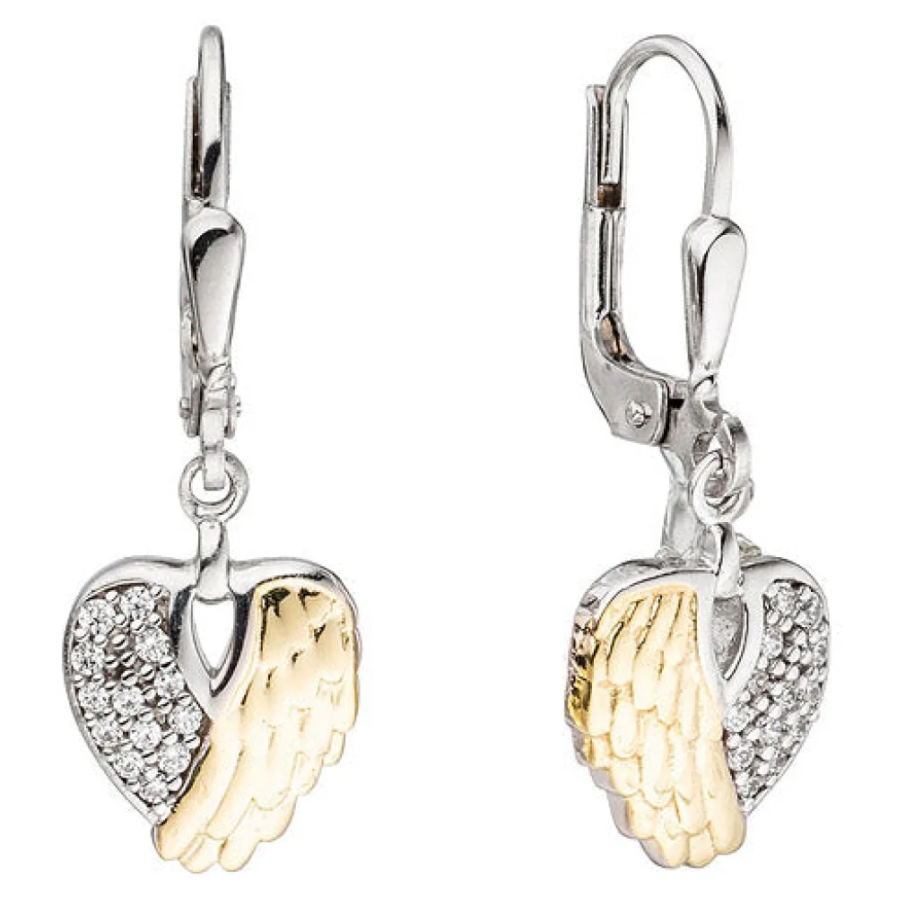 Boutons Herz Flügel 925 Silber bicolor mit Zirkonia Ohrringe Ohrhänger
