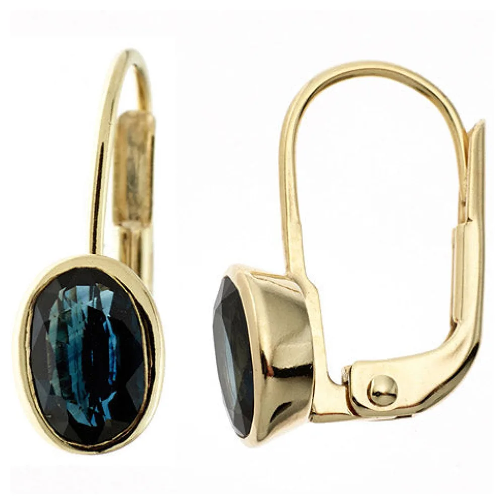 Boutons oval 333 Gold Gelbgold 2 Safire blau Ohrringe Ohrhänger Goldohrringe