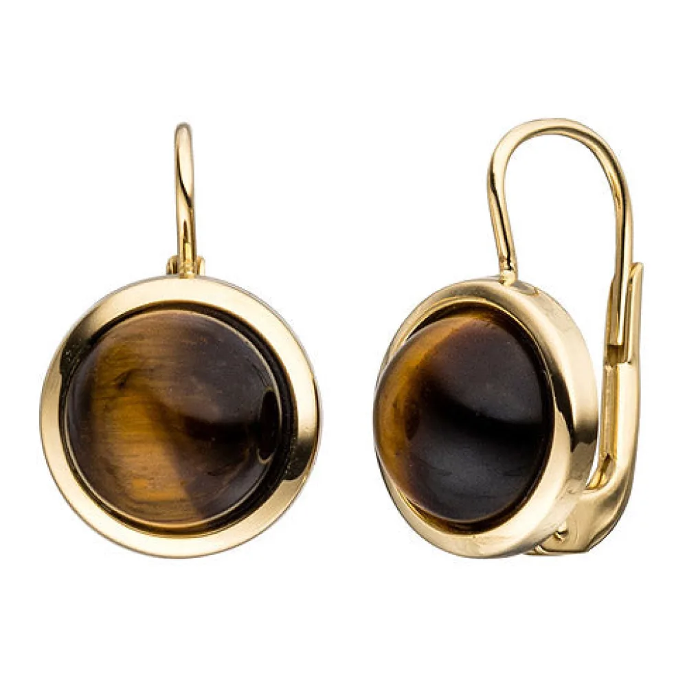 Boutons rund 333 Gold Gelbgold 2 Tigeraugen braun Ohrringe Ohrhänger