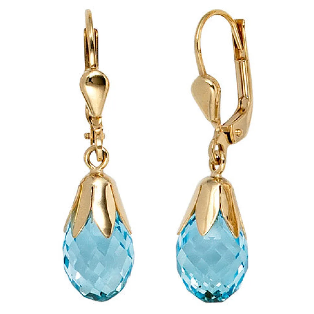 Boutons Tropfen 333 Gold Gelbgold 2 Blautopase hellblau blau Ohrringe Ohrhänger