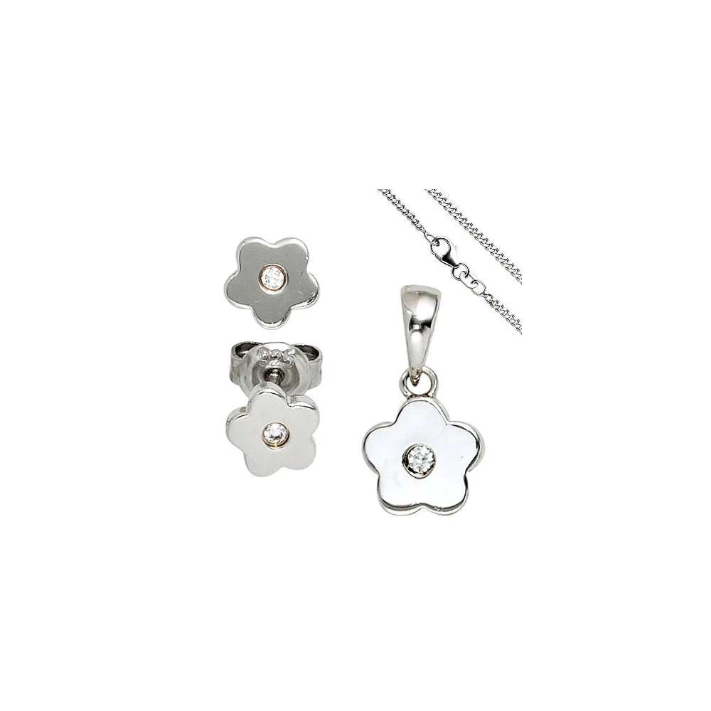 Kinder Schmuck-Set Blume 925 Silber mit Zirkonia Anhänger Ohrringe Kette 42 cm