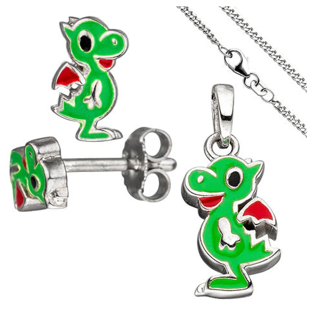 Kinder Schmuck-Set Kleiner Drache 925 Silber grün lackiert mit Kette 42 cm