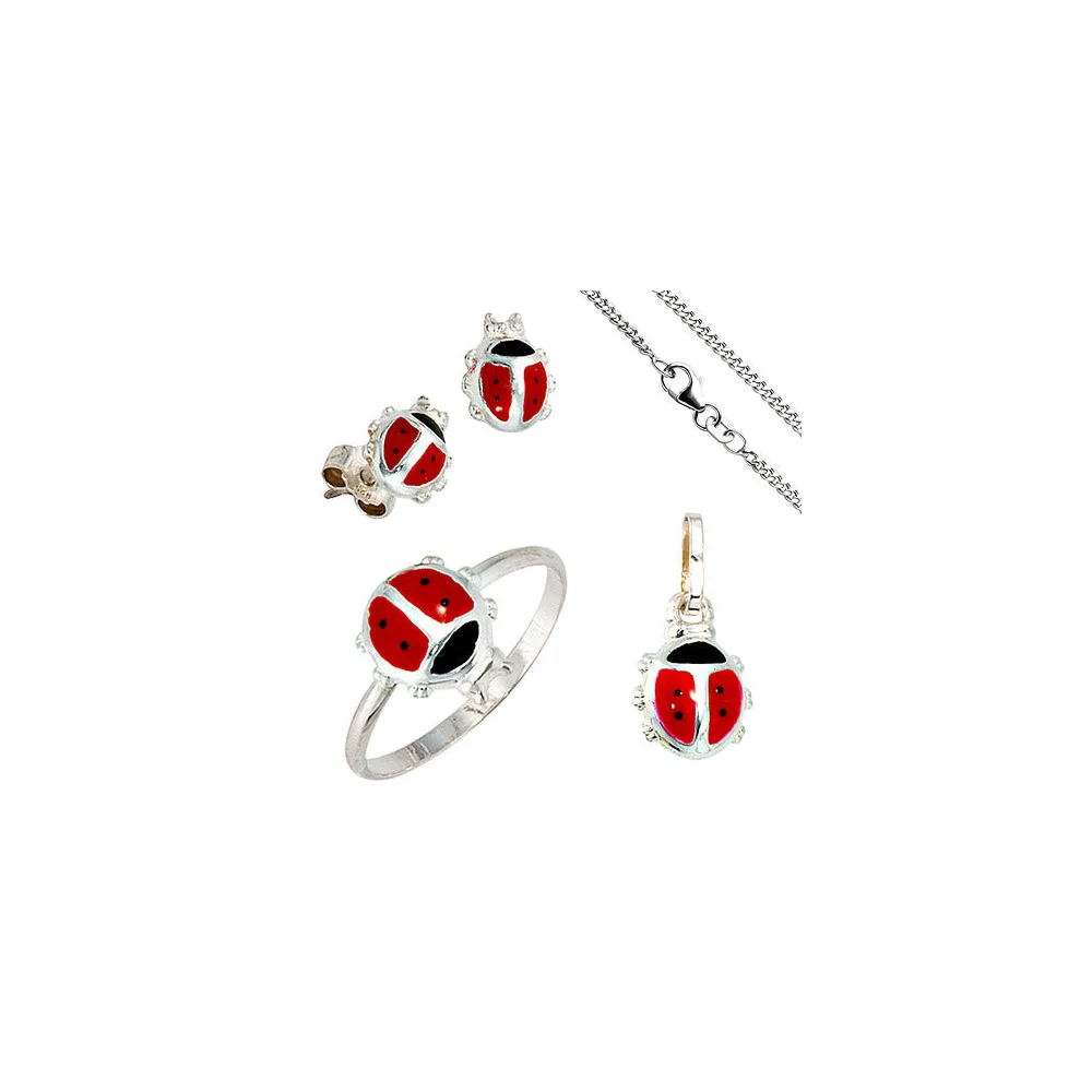 Kinder Schmuck-Set Marienkäfer 925 Silber Anhänger Ohrringe Ring Kette 38 cm