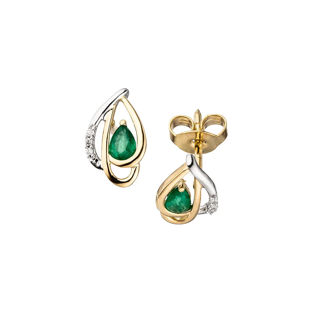 Ohrstecker 585 Gelbgold bicolor 6 Diamanten Brillanten 2 Smaragde grün