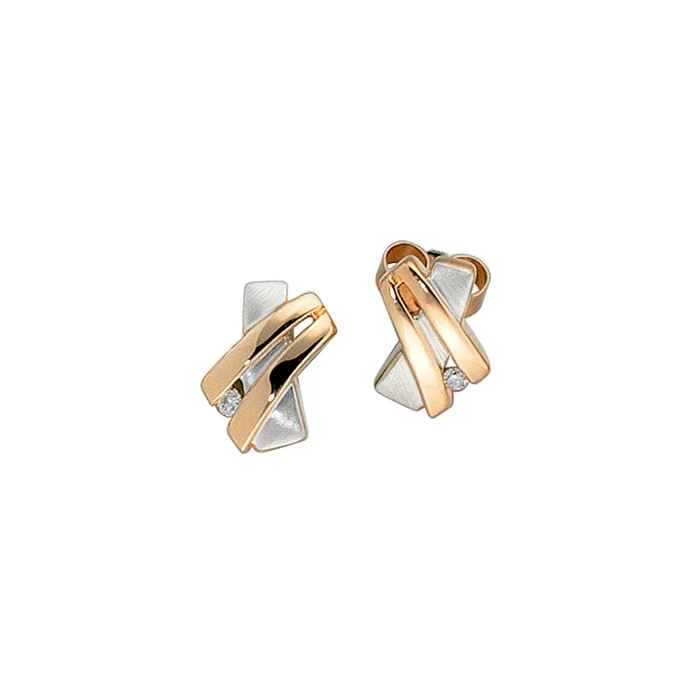 Ohrstecker 585 Gold Rotgold bicolor teilmatt 2 Diamanten Brillanten Ohrringe