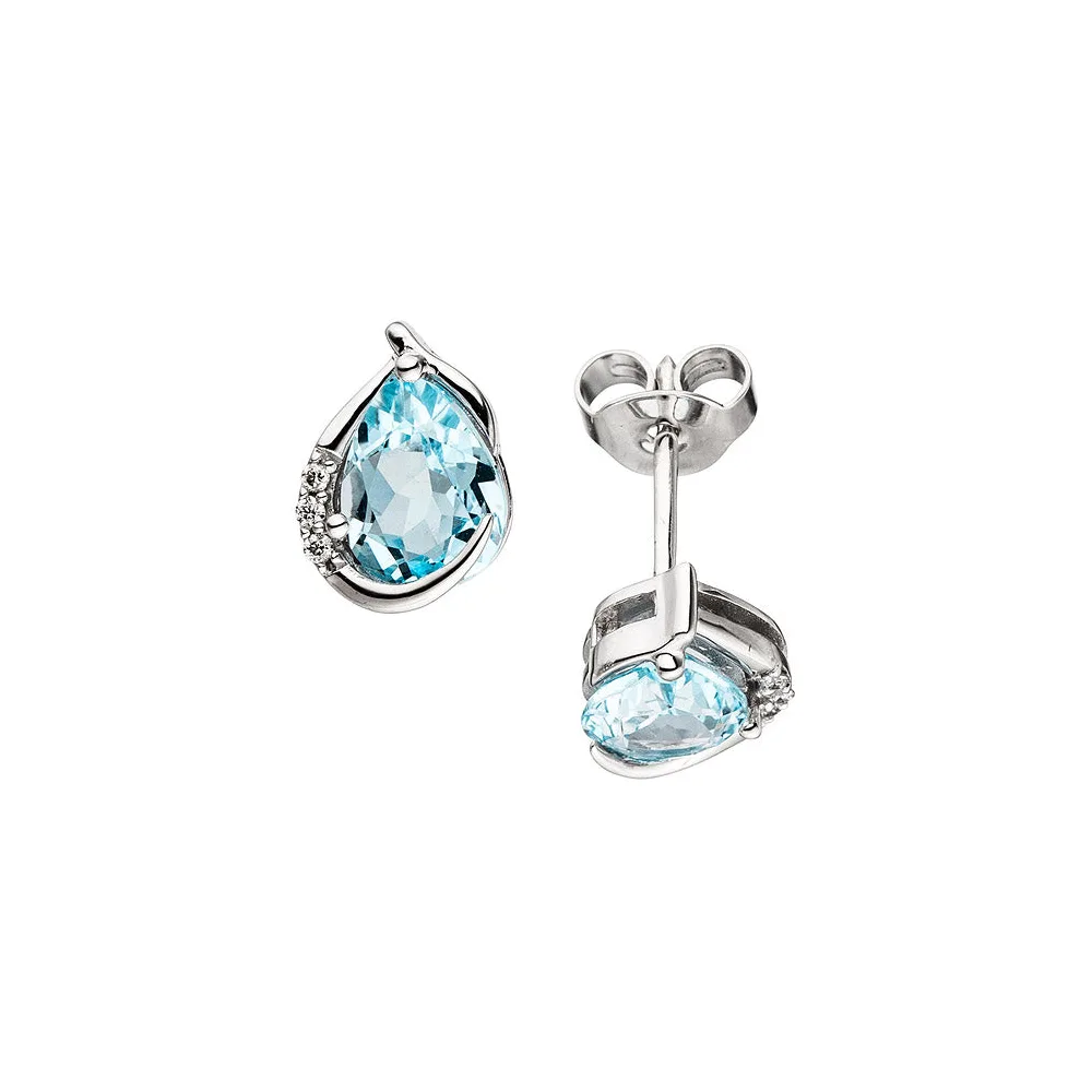 Ohrstecker 585 Gold Weißgold 6 Diamanten 2 Blautopase hellblau blau Ohrringe