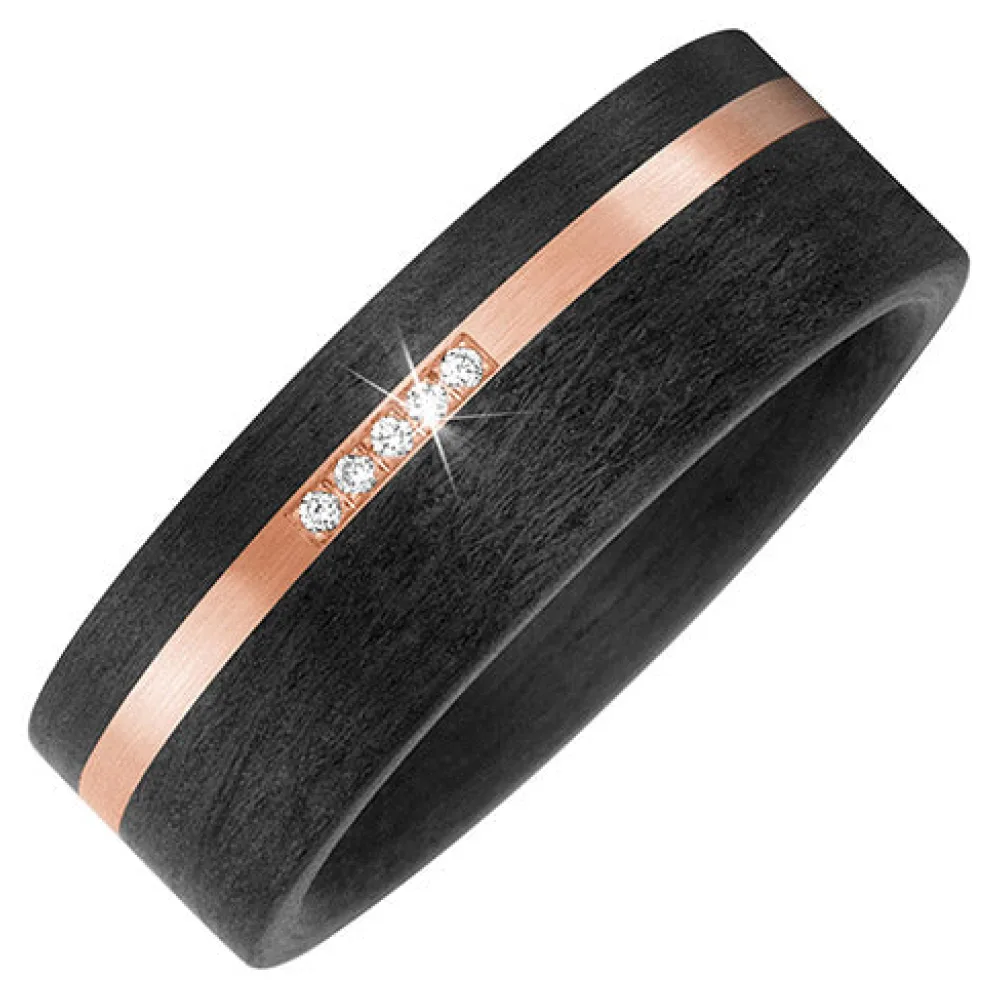 Partner Ring Carbon mit 585 Gold Rotgold matt 5 Diamanten Brillanten Partnerring-58