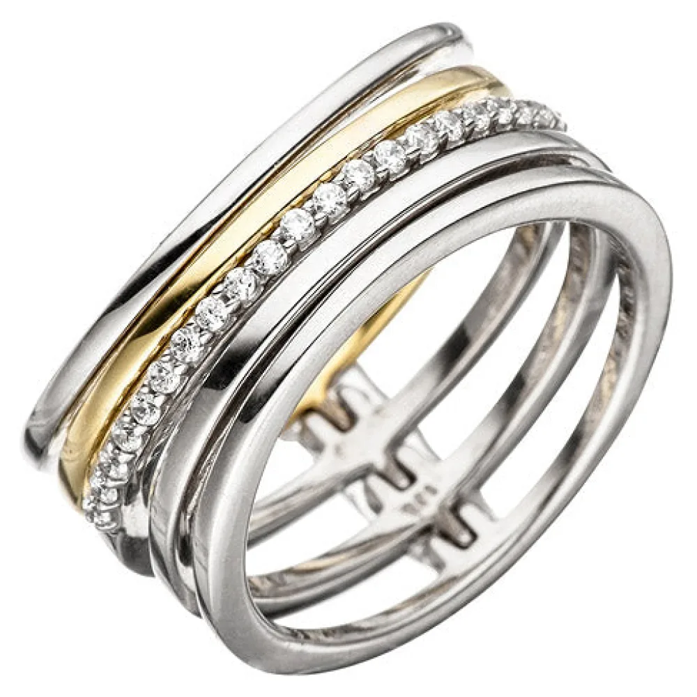 Damen Ring mehrreihig breit 925 Silber bicolor vergoldet mit Zirkonia Silberring-56