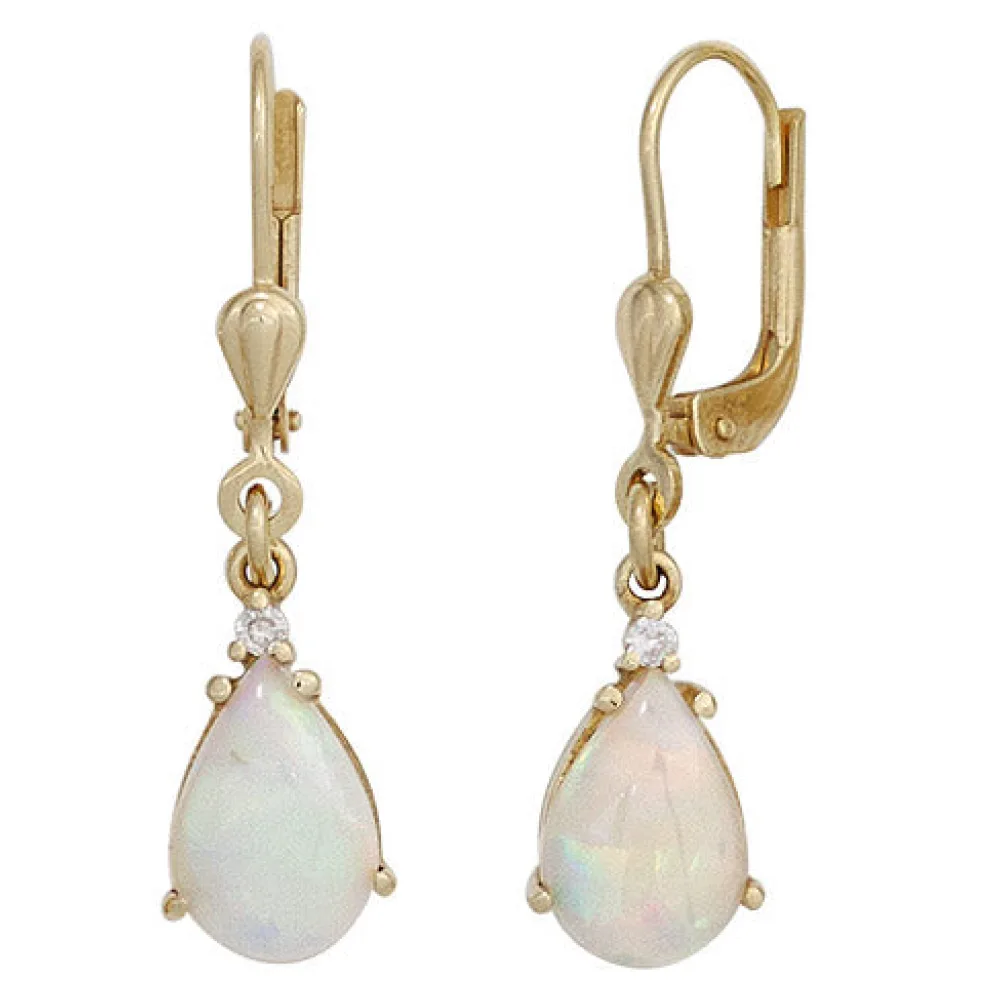 Boutons Tropfen 585 Gold Gelbgold 2 Opale 2 Diamanten Ohrringe Ohrhänger