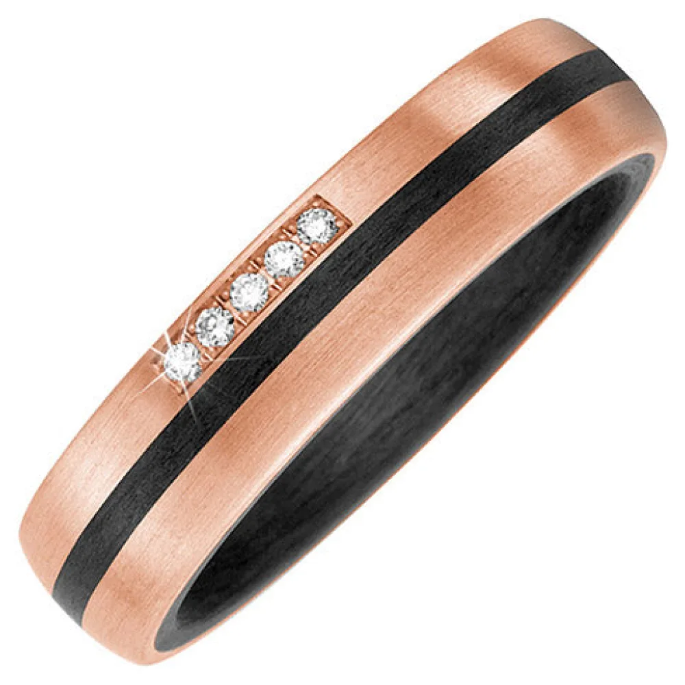 Partner Ring Carbon mit 585 Gold Rotgold matt 5 Diamanten Brillanten Pertnerring-60