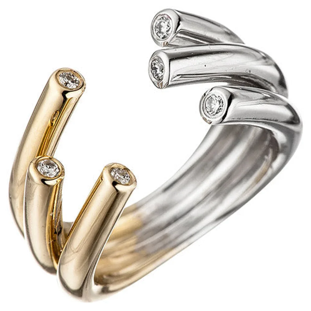 Damen Ring offen 585 Gold Gelbgold Weißgold bicolor 6 Diamanten Brillanten-56