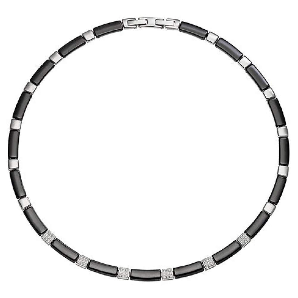 Collier Halskette aus schwarzer Keramik mit Edelstahl und Zirkonia 47 cm Kette