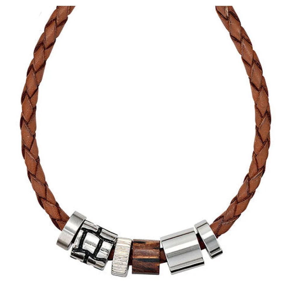 Collier Halskette Leder braun mit Edelstahl und Holz 45 cm Kette Lederkette