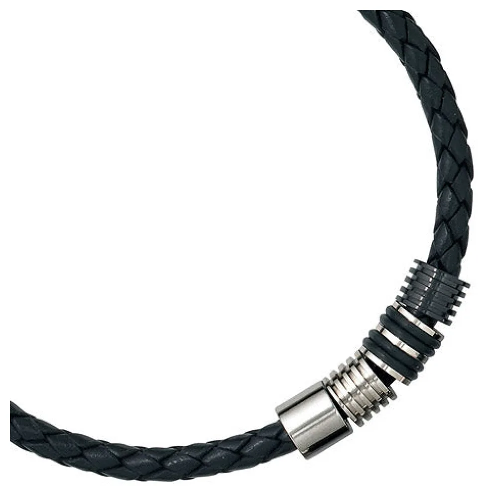 Collier Halskette Leder mit Edelstahl und Kautschuk 45 cm Kette Lederkette