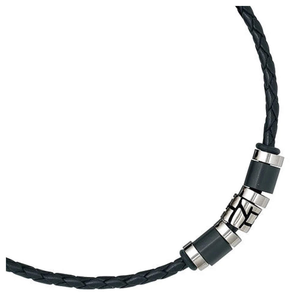 Collier Halskette Leder schwarz mit Edelstahl 45 cm Kette Lederkette