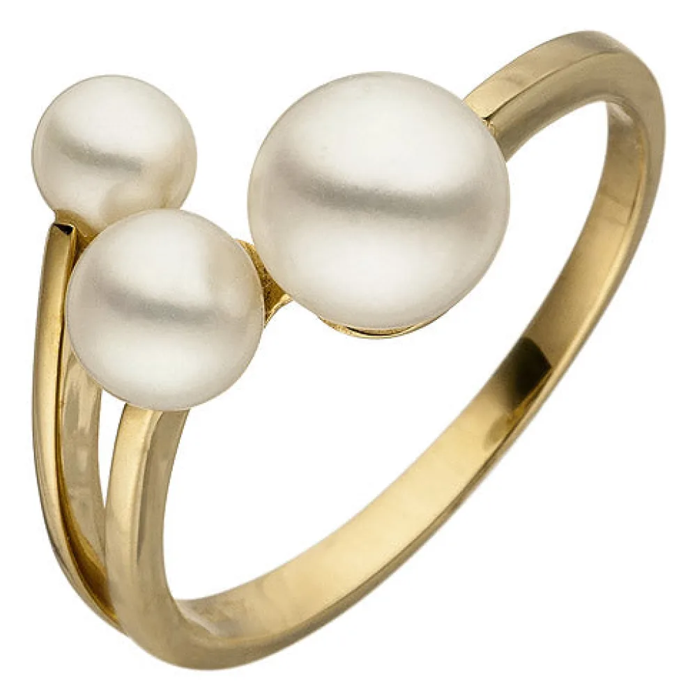 Damen Ring 585 Gold Gelbgold 3 Süßwasser Perlen Perlenring-60